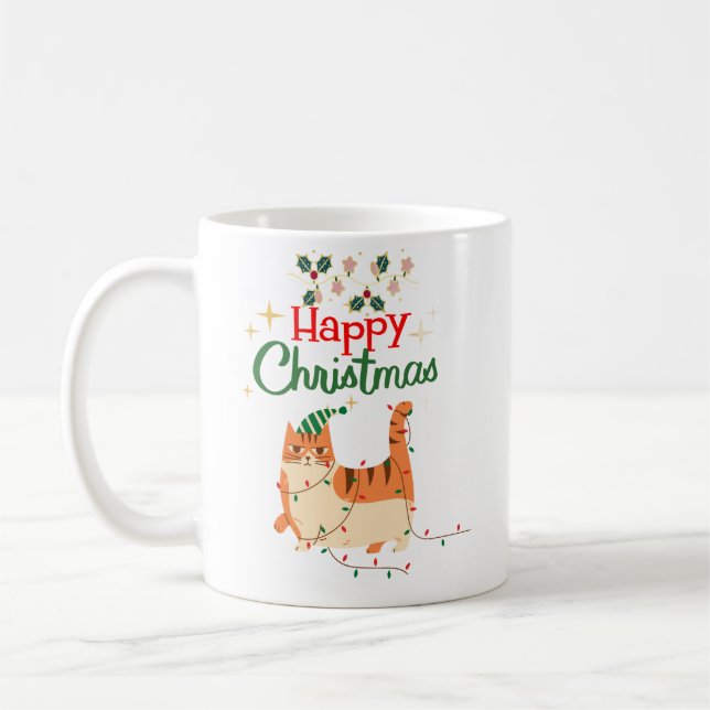 Taza De Café Cute Cat 'Happy Christmas' Holiday Mug (Izquierda)