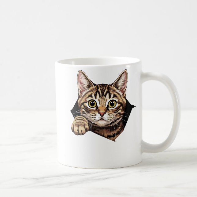 Taza De Café Cute cat torn the fabric cat tearing  (Derecha)