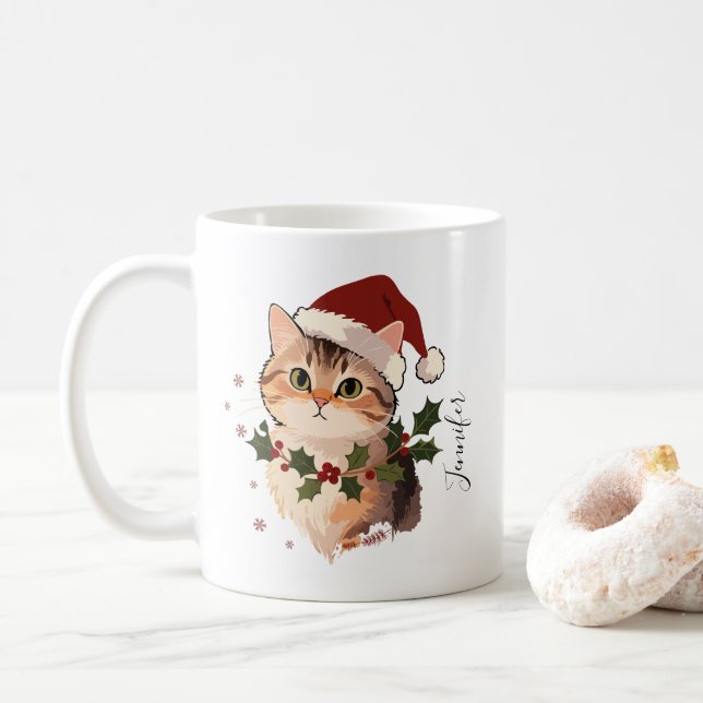 Taza De Café Cute Cat with Christmas hat Personalized Name (Con donut)