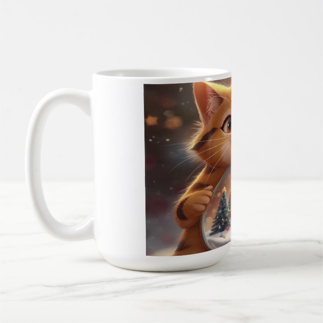 Taza De Café Cute Christmas Cat Holding Snow Globe Art (Izquierda)
