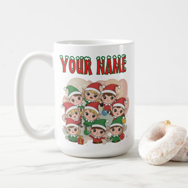 Taza De Café Cute Christmas Elves Squad Cartoon Illustration (Con donut)