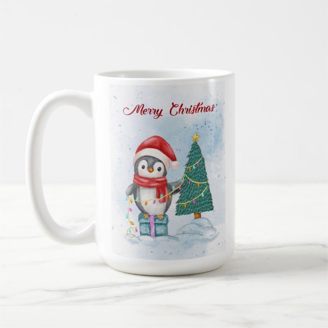 Taza De Café Cute Christmas Penguin Decorating Tree with Lights (Izquierda)