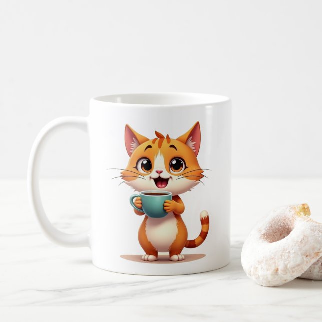 Taza De Café Cute Coffee Cat Mug – Double-Sided Cartoon Design  (Con donut)
