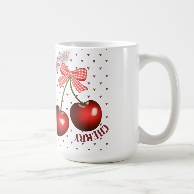 Taza De Café Cute Coquette Cherry con lazo de gingham rosa cami (Derecha)