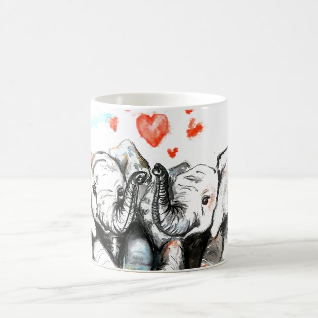 Taza De Café Cute Couple Elephant Mug Watercolor Pintura (Centro)