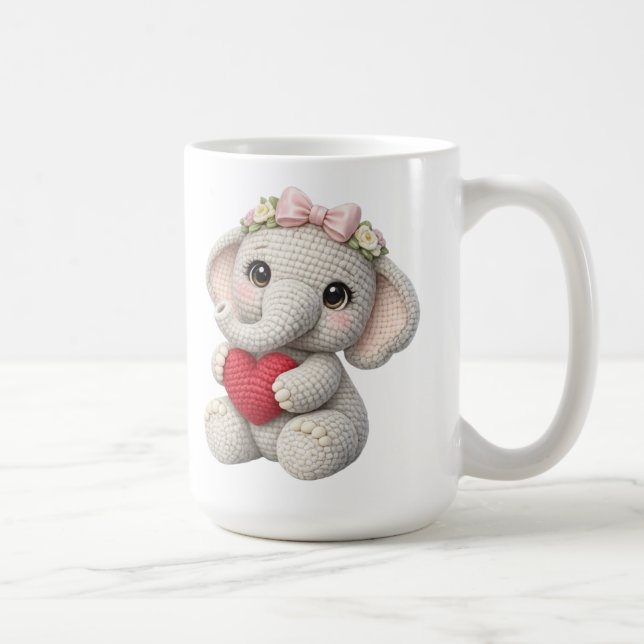 Taza De Café Cute Crochet Elephant Holding Heart Amigurumi Art (Derecha)