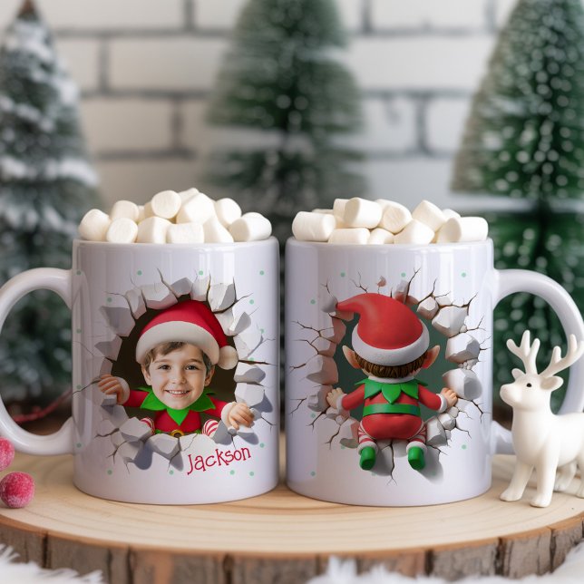 Taza De Café Cute Custom Kids Face Photo Funny Elf Christmas (Fun and funny Custom Kids Face Photo cute Elf crashing front and back side Christmas Coffee Mug Cups)
