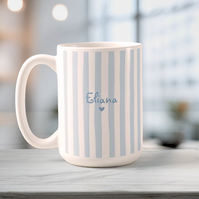 Taza De Café Cute Custom Name Light Blue Stripes Girly (Subido por el creador)