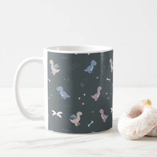Taza De Café Cute Dino Patern Bluish Gray Mug (Con donut)