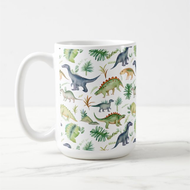 Taza De Café Cute Dinosaurios acuarela patrón verde niños (Izquierda)