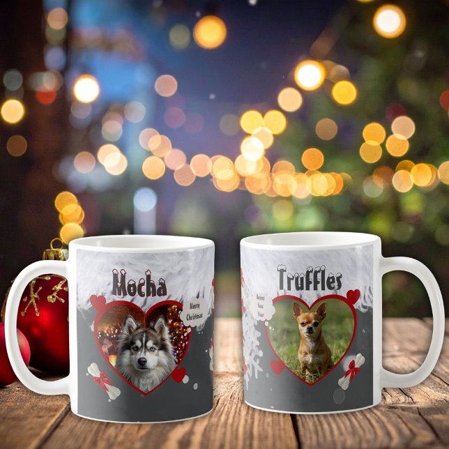 Taza De Café Cute Dog and Coffee Lovers 2 Photo Christmas (Cute dog lovers 2 photo template gift personalized Christmas mugs with names and holiday bones)