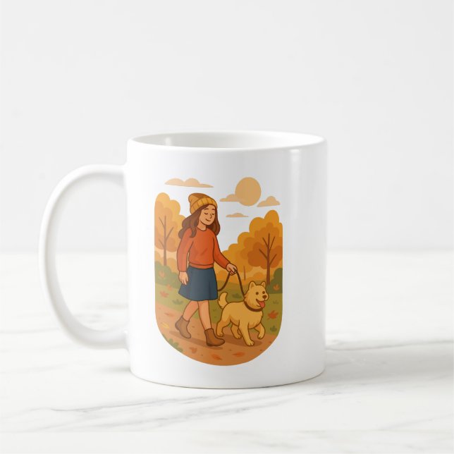 Taza De Café Cute Dog Mom Walking Pup in Cozy Forest  (Izquierda)