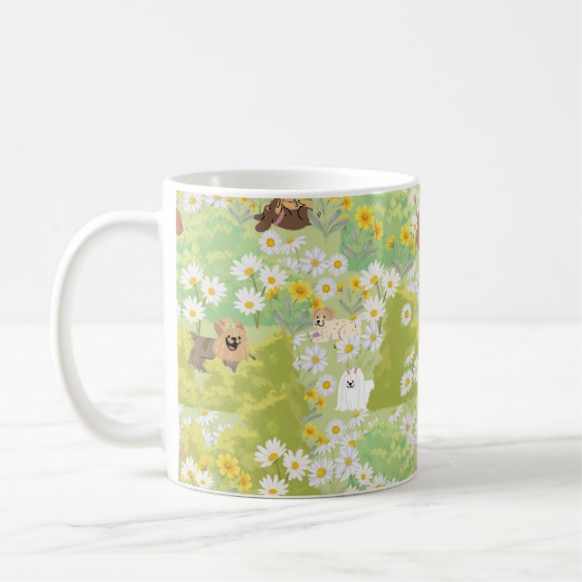 Taza De Café Cute Dogs With Daisy Flowers Seamless Pattern (Izquierda)