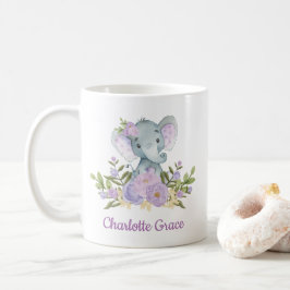 Taza De Café Cute Elephant Lavender Watercolor Floral Peonies