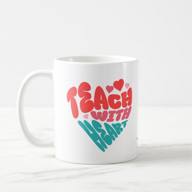 Taza De Café Cute ''Enseñar con corazón'' rojo/azul sobre blanc (Izquierda)