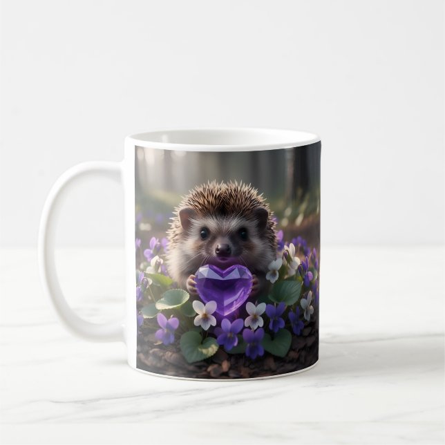 Taza De Café Cute February Hedgehog with Amethyst Heart (Izquierda)