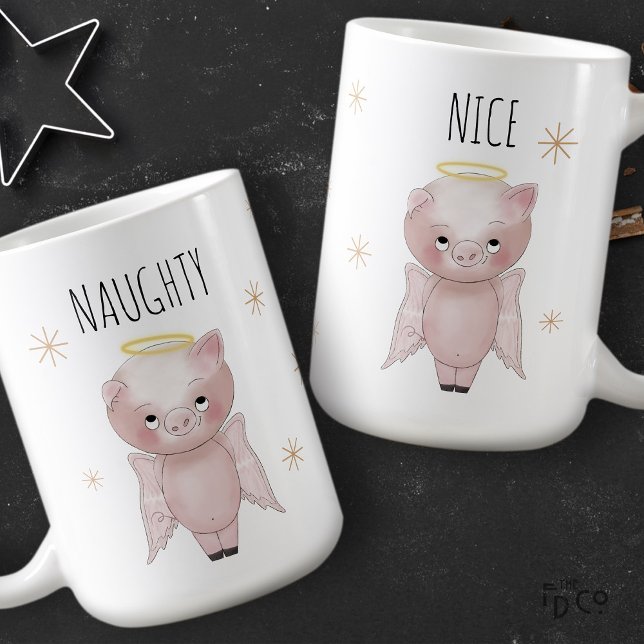 Taza De Café Cute Festive Naughty or Nice Angel Pig Holiday  (Subido por el creador)