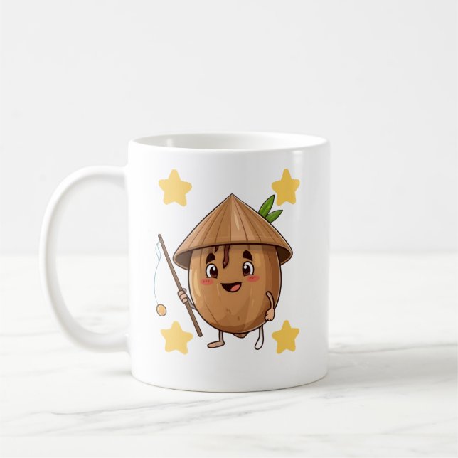 Taza De Café Cute Fishing Coconut with Conical Hat Cartoon Mug (Izquierda)