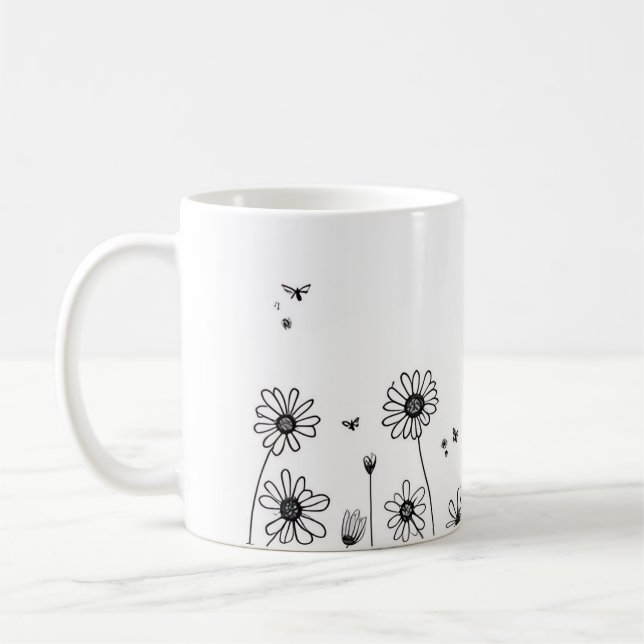 Taza De Café Cute Flower Mug – Black and White Wildflower Desig (Izquierda)