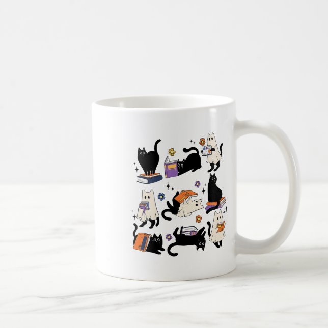 Taza De Café Cute Gato Fantasma Leer Libros Enamorar Halloween (Derecha)