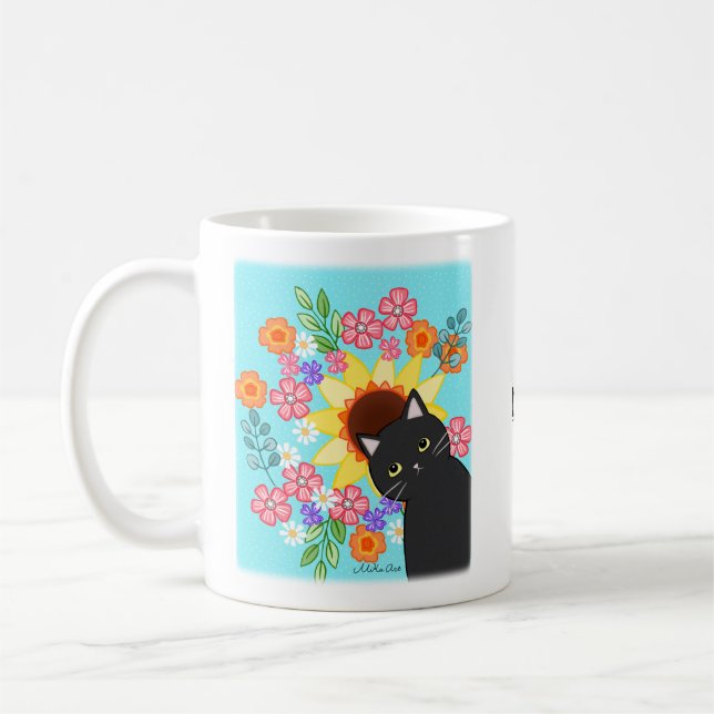 Taza De Café Cute gato negro con personalizado floral brillante (Izquierda)