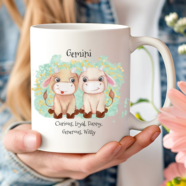 Taza De Café Cute Gemini Twins acuarela Bull Zodiac Monograma (Cute Gemini Twins Watercolor Bull Zodiac Monogram Coffee Mug)