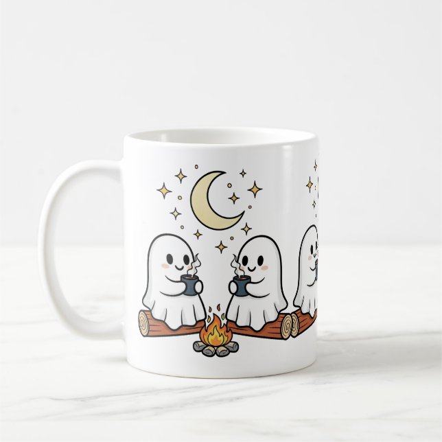 Taza De Café Cute Ghost Campfire Moon Spooky Season Mug (Izquierda)