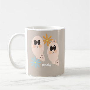 Taza De Café Cute Ghost Ghoul Retro Groovy Floral Beige