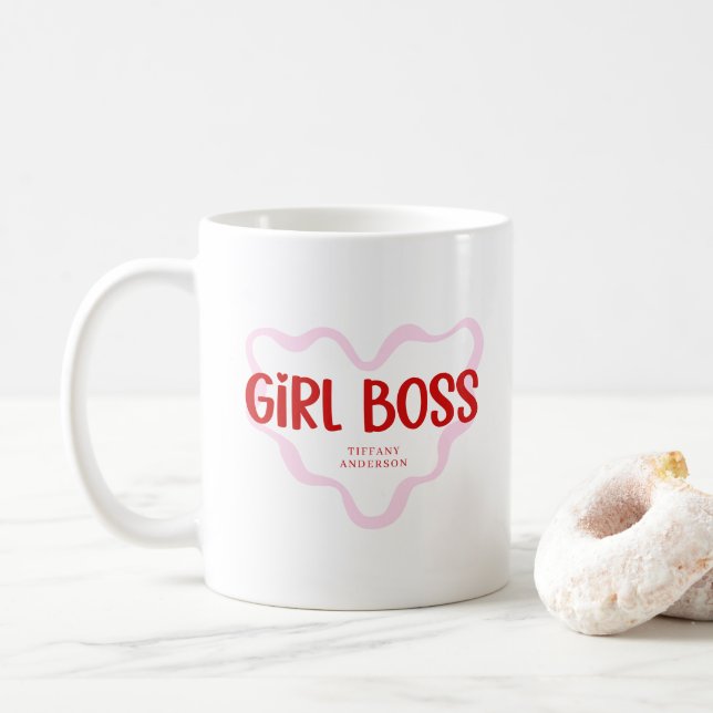 Taza De Café Cute Girl Boss Pink and Red Custom Name Year (Con donut)