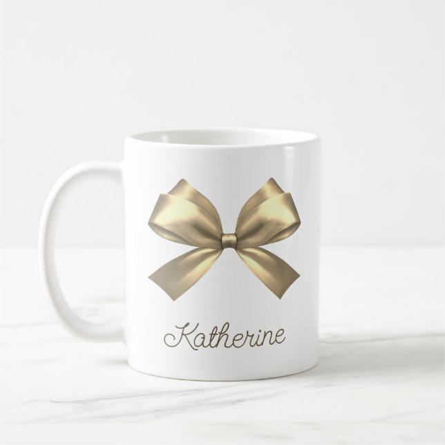 Taza De Café Cute Girly Gold Aesthetic Bow Name (Izquierda)