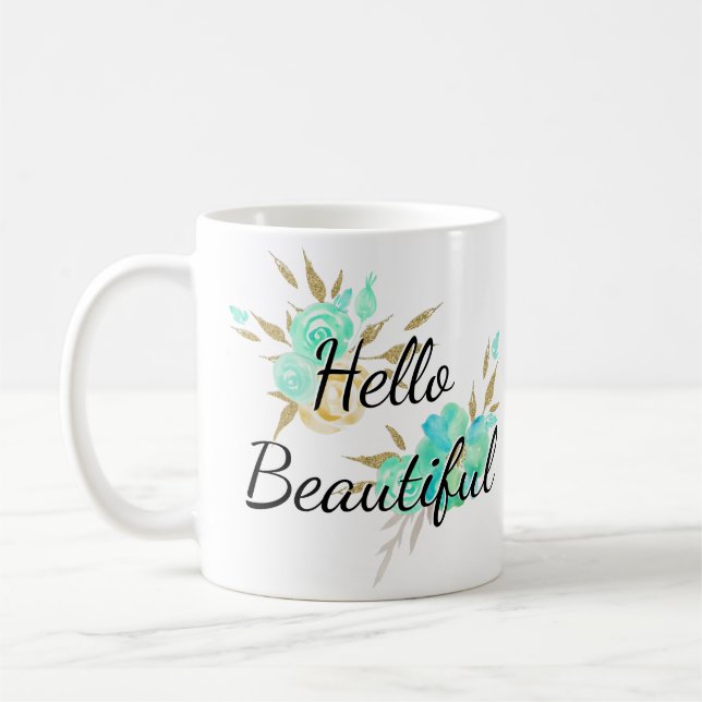 Taza De Café Cute Girly Hello Hermoso Oro y Floral Azul (Izquierda)