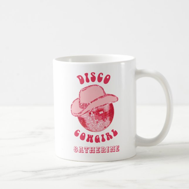 Taza De Café Cute Girly Pink Disco Cowgirl Nombre (Derecha)