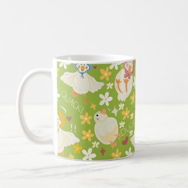 Taza De Café Cute Green Duck & Daisy Flower Seamless Pattern (Izquierda)