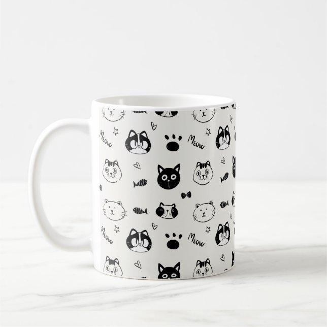 Taza De Café Cute Hand-drawn Cat Faces Doodle Pattern (Izquierda)