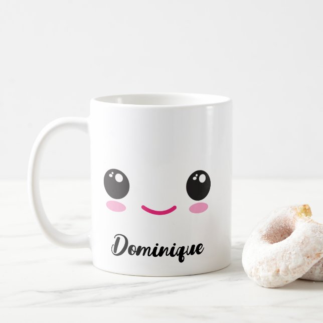 Taza De Café Cute Happy Kawaii Face - Nombre de Personalizable  (Con donut)