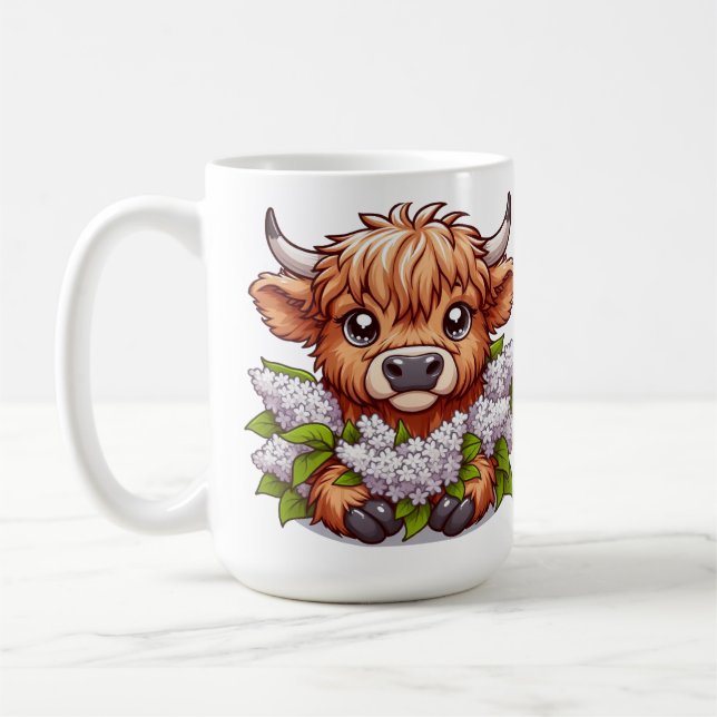 Taza De Café Cute Highland Cow Holding Lilacs (Izquierda)