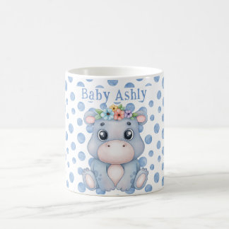 Taza De Café Cute hippo with baby name blue polka dots