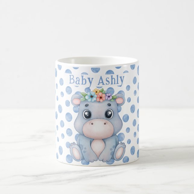 Taza De Café Cute hippo with baby name blue polka dots (Centro)