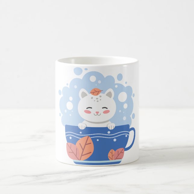 Taza De Café Cute Kawaii Cat in a Blue Teacup Coffee Mug (Centro)
