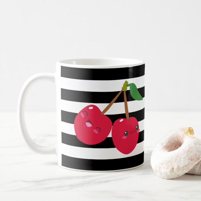 Taza De Café Cute Kawaii cerezo negro y blanco a rayas (Con donut)