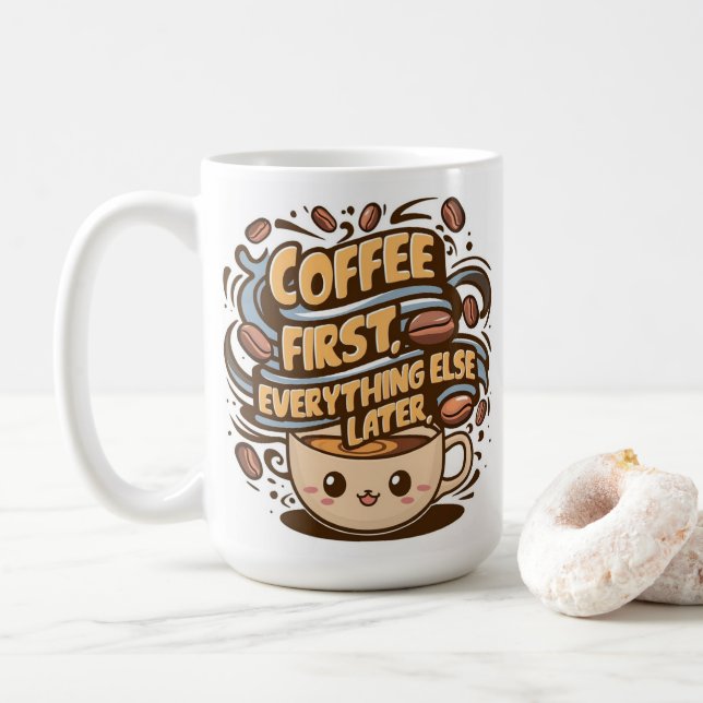 Taza De Café Cute Kawaii Coffee Mug – “Coffee First, Everything (Con donut)