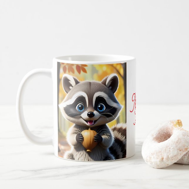 Taza De Café Cute Kawaii estilo Racoon sosteniendo una bellota (Con donut)