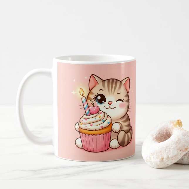 Taza De Café Cute Kawaii gatito con pastel (Con donut)