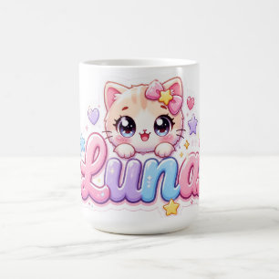 Taza De Café Cute Kawaii Luna Nombre de gato rosa pastel brilla
