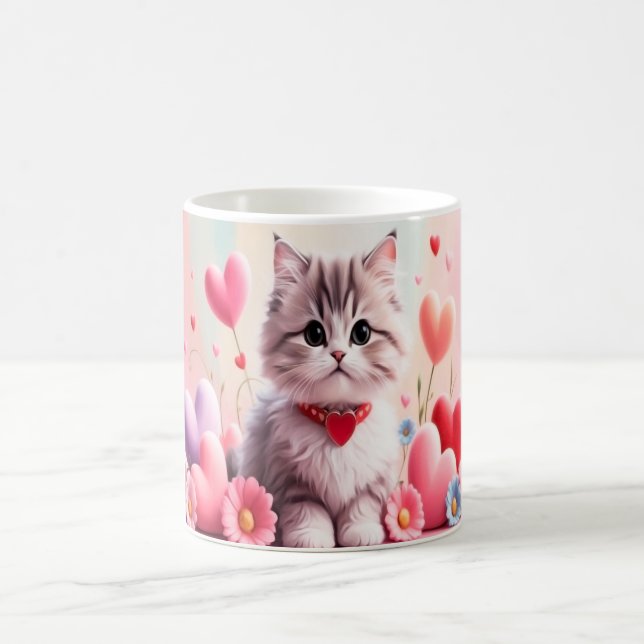 Taza De Café Cute kitten hearts flowers (Centro)