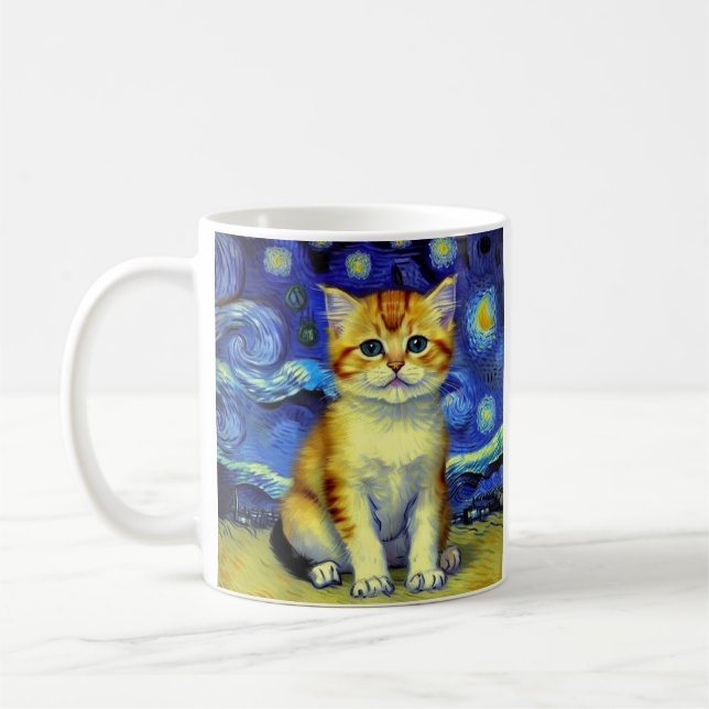 Taza De Café Cute Kitten Starry Night Van Gogh (Izquierda)