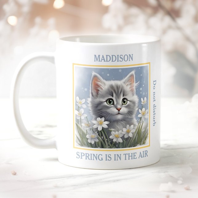 Taza De Café Cute Kitty Spring Flores Cat Lover Nombre Blue Mug (Cute Kitty Spring Flowers Cat Lover Name Blue and yellow Mug)