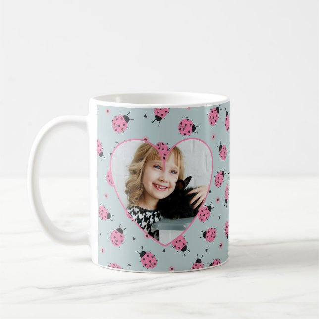 Taza De Café Cute Ladybug Pattern Custom Photo & Name - Blue  (Izquierda)