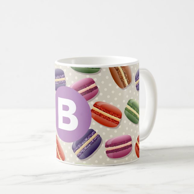 Taza De Café Cute Macaroon Pattern Dotty Purple Monogram (Anverso derecho)
