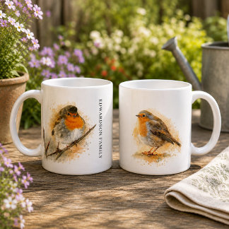 Taza De Café Cute monograma de pájaro petirrojo en acuarela